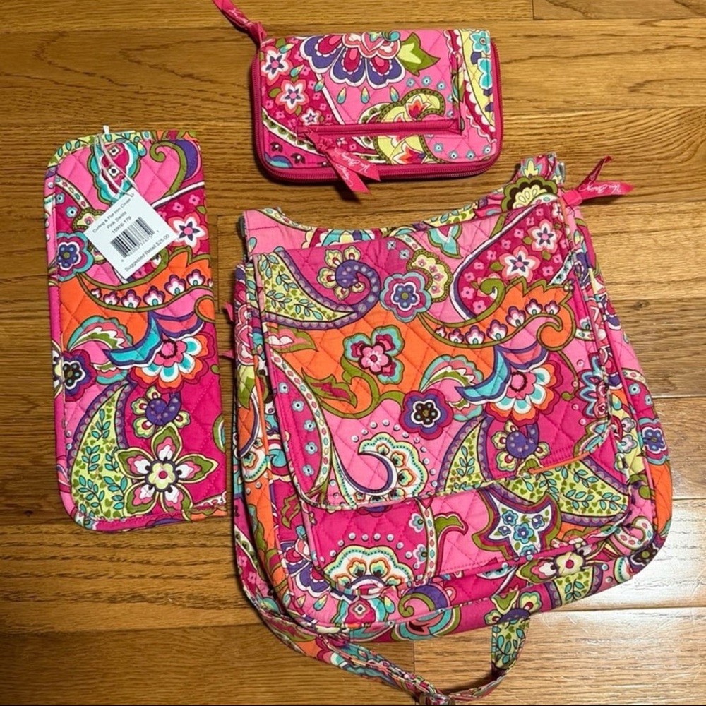 SOLD Vera Bradley pink swirls large messenger bag, wallet, & iron cover